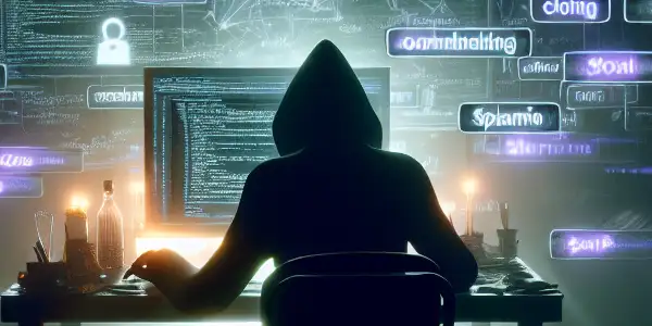 一个神秘的房间里，影子人物专注于发光的电脑屏幕，周围漂浮着黑帽SEO符号。