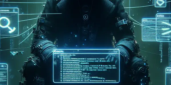 一个神秘人物坐在昏暗混乱的房间中，专注于发光的电脑屏幕，周围漂浮着不道德的SEO图标。