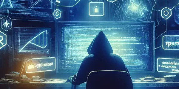 一个神秘人物在昏暗混乱的房间内，专注于显示不道德SEO策略的电脑屏幕。