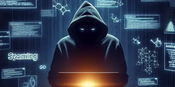 神秘人物在昏暗混乱的房间中专注于发光的电脑屏幕，周围漂浮着黑帽SEO符号。