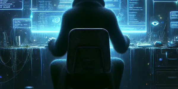 神秘人物坐在昏暗杂乱的房间，专注于发光的电脑屏幕，显示黑帽SEO符号。