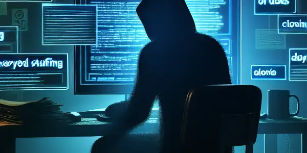 神秘人物坐在昏暗杂乱的房间中，专注于发光的电脑屏幕，显示黑帽SEO技术符号。