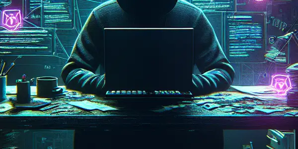 一个神秘人物坐在昏暗房间的杂乱桌子前，专注于发光的电脑屏幕。