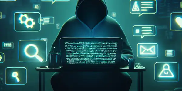 神秘人物坐在昏暗杂乱的房间，专注于发光的电脑屏幕，周围浮现不道德的SEO图标。