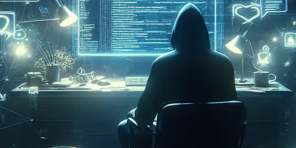 一个神秘人物坐在凌乱的桌子前，专注于发光的电脑屏幕，周围漂浮着黑帽SEO的符号和警告标志。