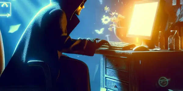 神秘人物坐在昏暗杂乱的房间，专注于发光的电脑屏幕，周围漂浮着黑帽SEO相关符号。