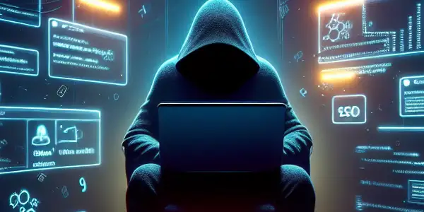 一个神秘人物坐在昏暗混乱的房间，专注于发光的电脑屏幕。