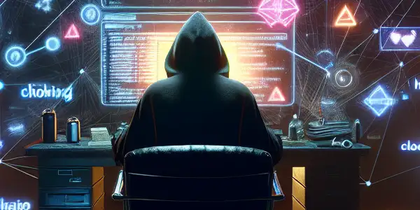 神秘人物坐在昏暗杂乱的房间，专注于发光的电脑屏幕，周围漂浮着黑帽SEO符号。