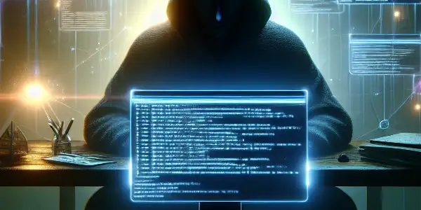 神秘人物坐在昏暗房间的杂乱桌前，专注于发光的电脑屏幕。