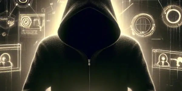 神秘人物在昏暗房间的杂乱桌子前专注于发光电脑屏幕，周围漂浮着黑帽SEO符号。