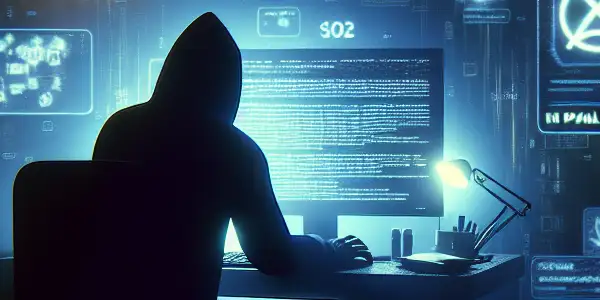 一个神秘人物坐在杂乱的桌子前，专注于发光的电脑屏幕，周围漂浮着黑帽SEO元素。