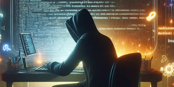 神秘人物坐在昏暗房间的杂乱桌子前，专注于发光的电脑屏幕。