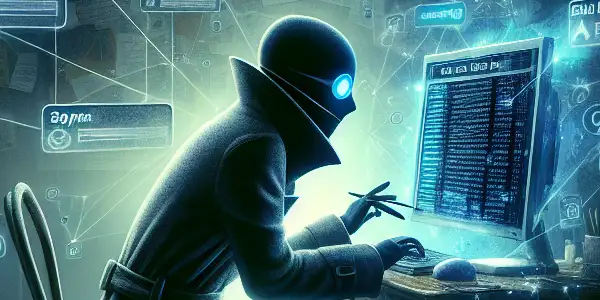 一个神秘人物在昏暗的房间内专注于显示复杂SEO算法的电脑屏幕。