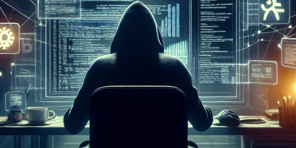 神秘人物坐在杂乱的桌子前，专注于发光的电脑屏幕，周围充满黑帽SEO元素。