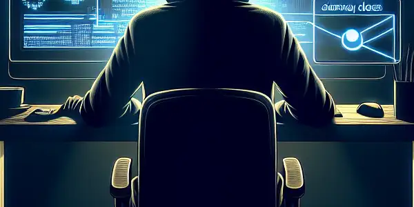 一个神秘人物坐在昏暗的桌子前，专注于发光的电脑屏幕，周围漂浮着黑帽SEO图标。