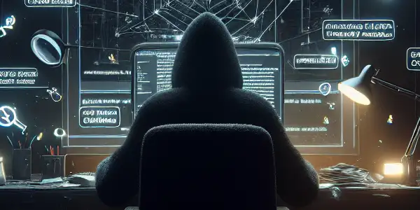 神秘人物坐在杂乱的桌子前，专注于显示黑帽SEO技术的电脑屏幕。