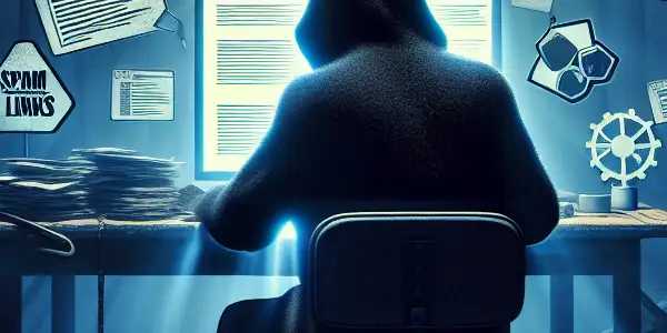 神秘人物坐在杂乱的桌子前，专注于发光的电脑屏幕，周围浮现黑帽SEO符号。