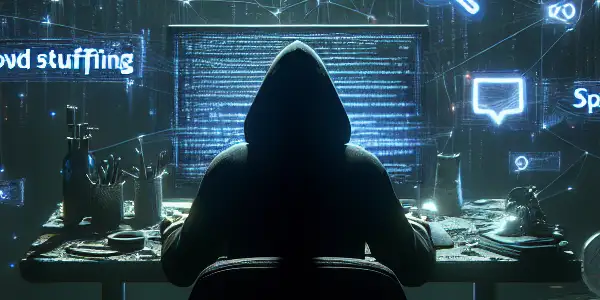 一个神秘的人物坐在昏暗的桌子前，专注于发光的电脑屏幕，周围浮现着各种黑帽SEO图标。