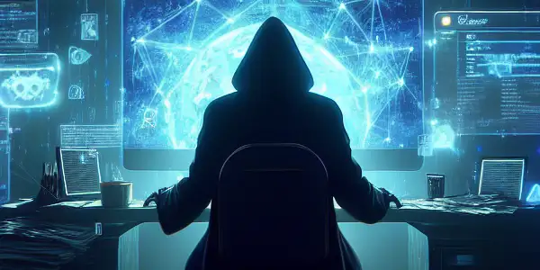 一个神秘人物在昏暗混乱的房间中，专注于发光的计算机屏幕，周围漂浮着黑帽SEO图标。