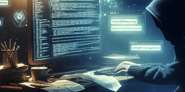 一个神秘人物坐在昏暗的桌子前，专注于闪烁的电脑屏幕，周围散落着与黑帽SEO相关的符号和图标。