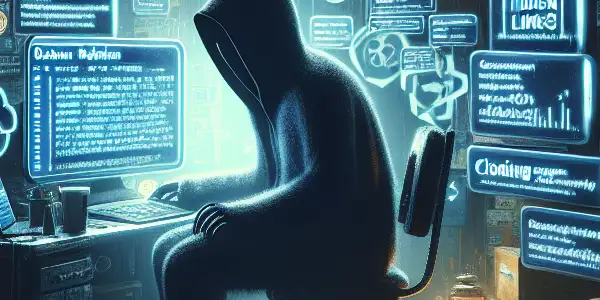 神秘人物坐在昏暗杂乱的房间，专注于发光的电脑屏幕，周围漂浮着黑帽SEO符号。