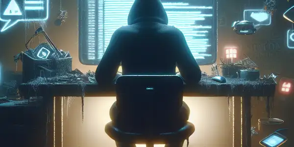 一个神秘人物坐在杂乱无章的桌子前，专注于发光的电脑屏幕。