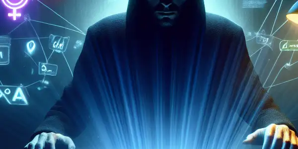 一个神秘的无性别人物在昏暗的房间内，专注于显示复杂SEO算法的电脑屏幕。