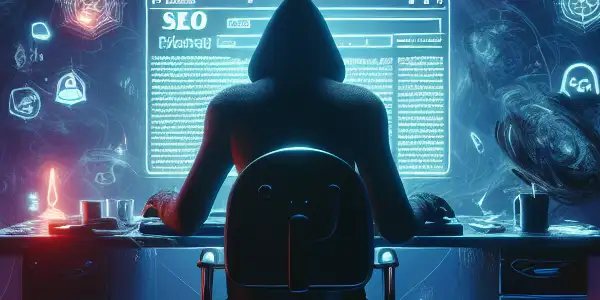神秘的无性别人物坐在杂乱的桌子前，专注于发光的计算机屏幕，周围环绕着黑帽SEO符号和阴影。