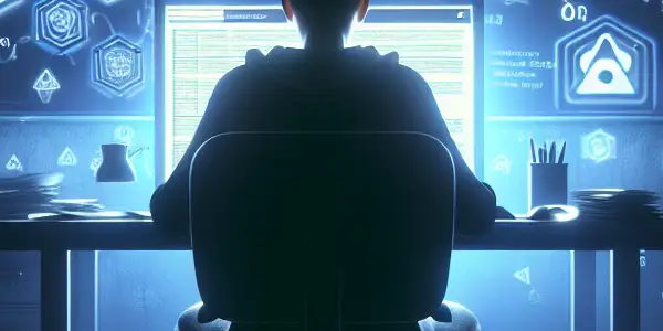 神秘的无性别人物在昏暗房间的杂乱桌前，专注于发光的电脑屏幕。