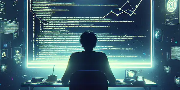 一个神秘的身影在昏暗的房间里专注于发光的电脑屏幕，周围浮现黑帽SEO相关的图标和警告符号。