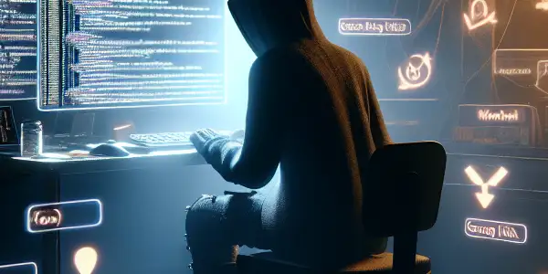 一个神秘的性别中立角色坐在昏暗杂乱的房间，专注于发光的电脑屏幕。