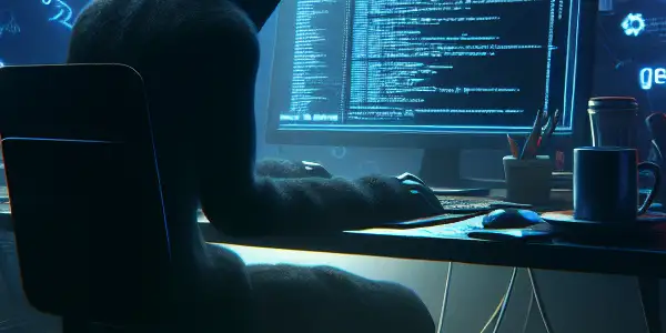 一个性别中立的人物坐在昏暗的桌子前，专注于发光的电脑屏幕，周围散落着纸张和旧设备。