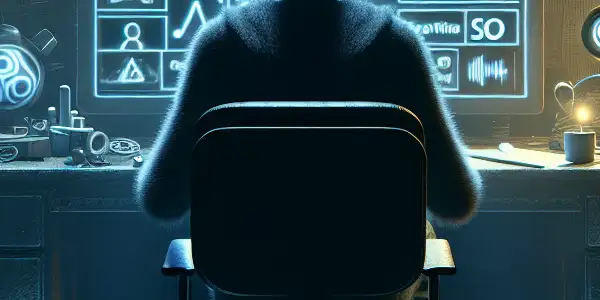 一个神秘的人物坐在昏暗的房间里，专注于发光的电脑屏幕，周围杂乱无章。