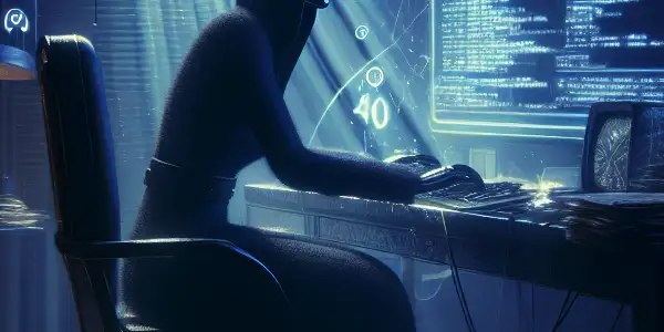 一个神秘的无性别人物坐在凌乱的桌子前，专注于发光的计算机屏幕。