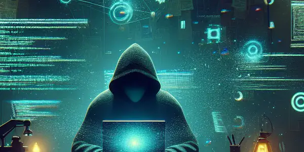 一个神秘的性别中立人物坐在杂乱的桌子前，专注于发光的电脑屏幕，周围浮现着黑帽SEO相关符号。