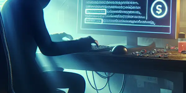 一个神秘的性别中立人物坐在昏暗房间的杂乱桌子前，专注于发光的电脑屏幕。