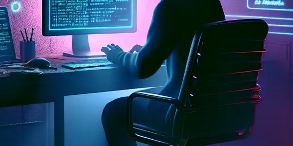 一个非二元性别角色坐在杂乱的桌子前，专注于发光的电脑屏幕，周围散落着与黑帽SEO相关的文件和设备。