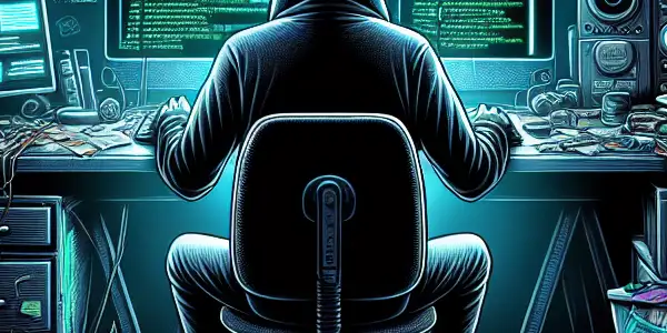 神秘的无性别人物在昏暗混乱的房间中，专注于发光的电脑屏幕。