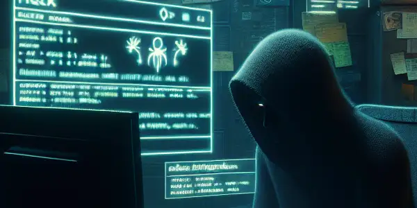 神秘角色专注于发光电脑屏幕，周围杂乱无章，暗示黑帽SEO的危险。