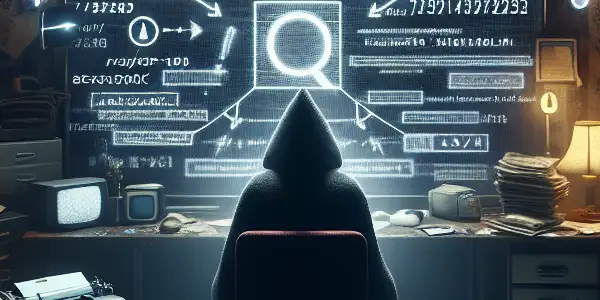 一个模糊的房间中，神秘人物专注于发光的电脑屏幕，周围散落着与SEO相关的纸张和设备。