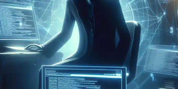 神秘人物专注于发光电脑屏幕，周围杂乱无章的旧设备和文件。