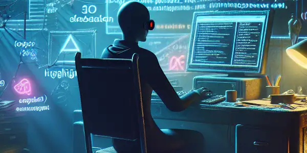 一个神秘的人物坐在昏暗的房间里，专注于发光的电脑屏幕，周围杂乱无章。