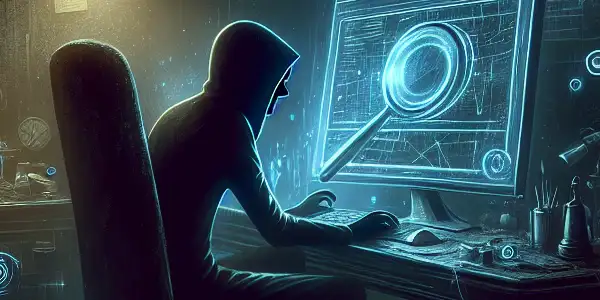 一个神秘人物坐在昏暗房间的杂乱书桌前，专注于发出诡异光芒的电脑屏幕。