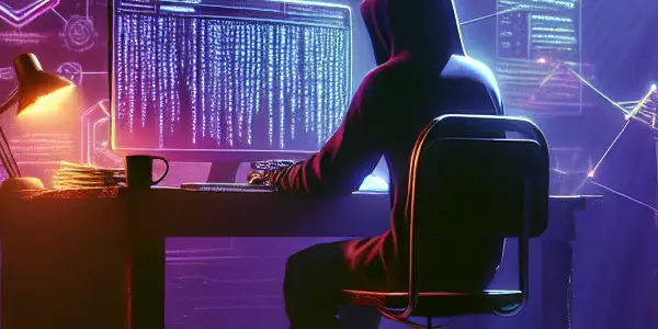 一个神秘的中性人物坐在昏暗房间的杂乱桌子前，专注于发光的电脑屏幕。