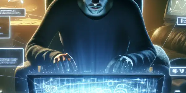 一个神秘的无性别人物坐在昏暗房间的杂乱桌子前，专注于发光的电脑屏幕。