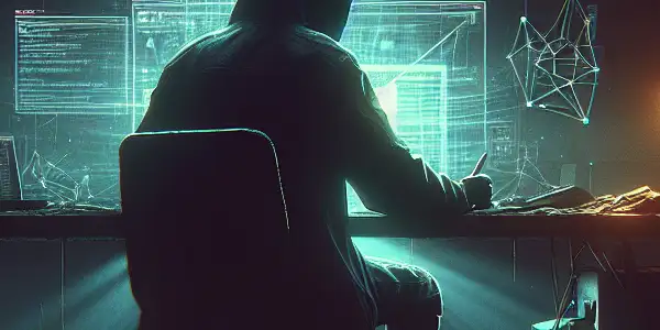 神秘的无性别人物坐在昏暗房间的杂乱桌子前，专注于发光的电脑屏幕。