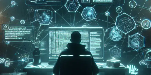 一个性别中立的人物坐在杂乱的桌子前，专注于发光的电脑屏幕，周围充满黑帽SEO的元素。