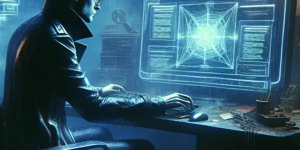 一个神秘的中性人物坐在昏暗房间的杂乱桌子前，专注于闪烁的电脑屏幕。