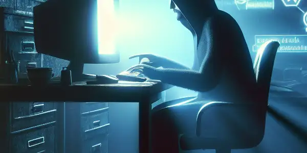 神秘的非二元人物专注于发光的电脑屏幕，周围是杂乱的房间和黑帽SEO符号。