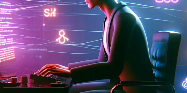 神秘的无性别人物专注于发光的电脑屏幕，周围杂乱无章，暗示黑帽SEO的危险。